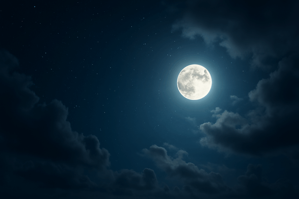 Una luna llena brillante en un cielo oscuro, rodeada de nubes y estrellas, creando una atmósfera nocturna mágica.