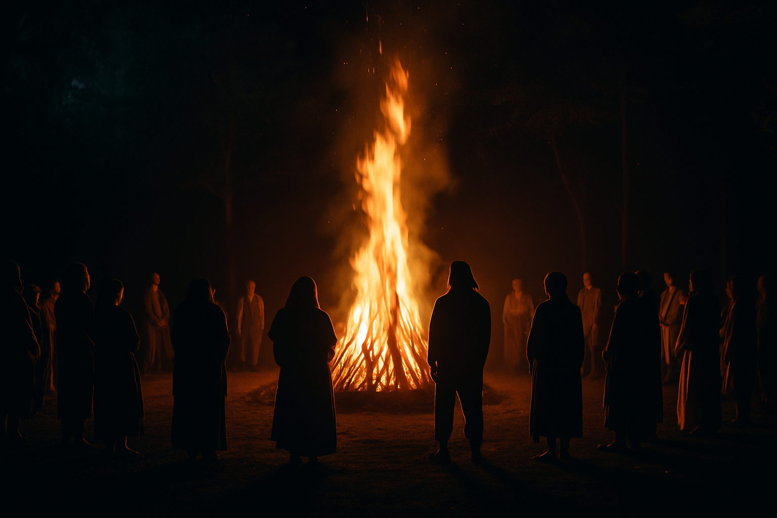 Grupo de personas alrededor de una fogata en un entorno oscuro, compartiendo un momento de conexión y comunión.